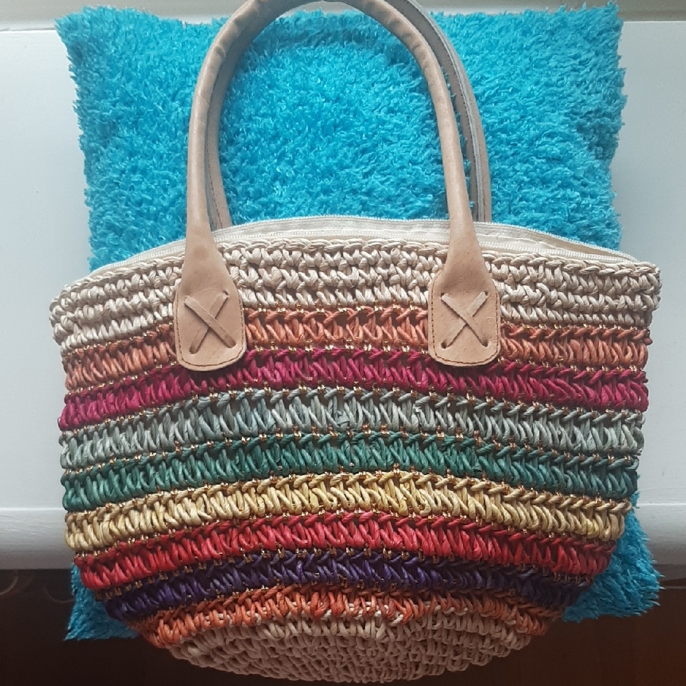 NWOT Red/Orange Striped Woven Tote Bag with Gold Threading